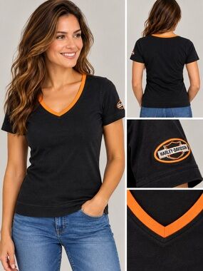 Y2K Harley Davidson Black & Orange V-Neck Women's Top
